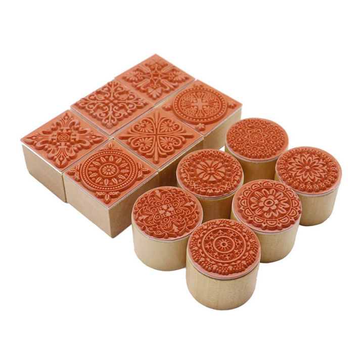 12Pcs Wooden Stamps Floral Pattern Circles and Squares Decorative Rubber Wooden for DIY Craft Card and Scrapbooking