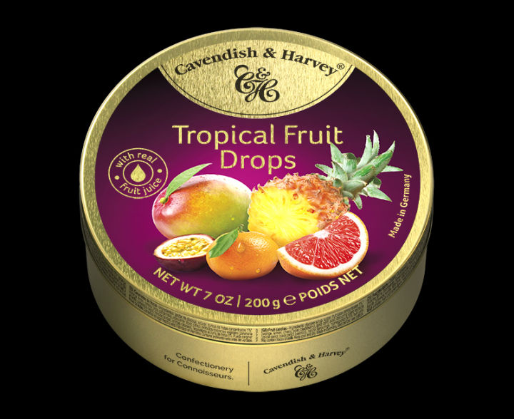 Cavendish & Harvey Tropical Fruit Drops Tin 200 grams (Halaal) (Made in Germany) (February 2025 Expiry)