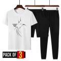 Pack of 3 - Batman Printed Gym Jogging Tracksuit Round Neck O-Neck Cotton T-Shirt + Short + Trouser Summer Collection Track Suit. 