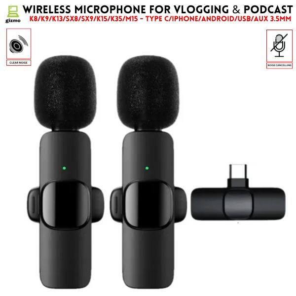 Wireless MIC Type C/IOS/Android/USB/AUX 3.5mm Mic K8/K9/K13/SX8/SX9/K15/K35/M15 Wireless Single/Double Microphone For Interview, Vlogging , Podcast