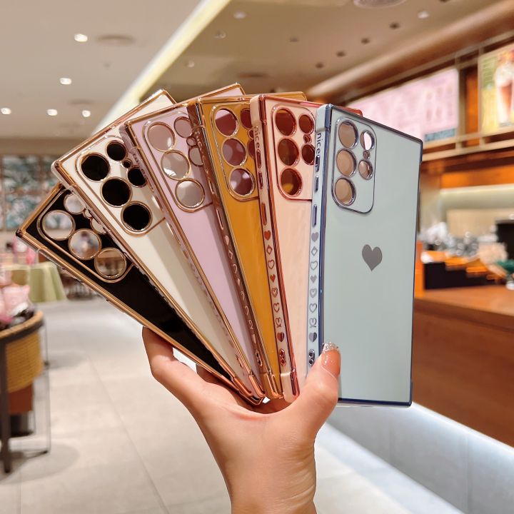 【Fleursbiy】Applicable to Samsung S21FE Phone case A53 Solid Color Love A13 Electroplating Side Shatter-Resistant Fashion Mobile Phone Protective Cover