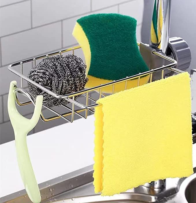 Sponge Holder, Stainless Steel Faucet Storage Rack, Adhesive Sink Caddy Organizer for Brush, Towel. Shower Soap Dish for Bathroom, Kitchen Hanging Storage Accessories
