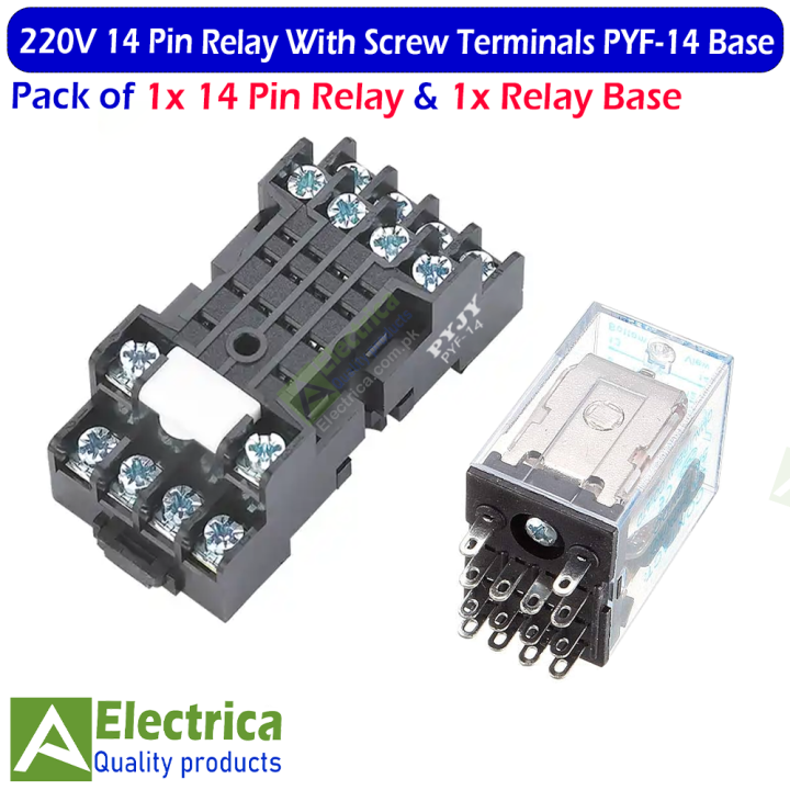 1 pair of 14 Pin 220V AC Coil Relay and PYF-14 Screw Terminals Base 220v AC Contact DPDT General Purpose Relay 14 pins double pole double through relay by Electrica