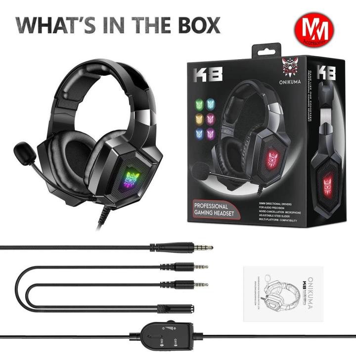 ONIKUMA K8 RGB Gaming Headphone With 360 Surround Sound PS4 PC Xbox One - Black