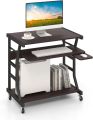Computer Desk with Keyboard Tray, Portable Small Rolling Desk with Mouse Tray & Bottom Storage Shelf, Rolling Laptop PC Desk Cart with Lockable Wheels for Small Space (Brown). 