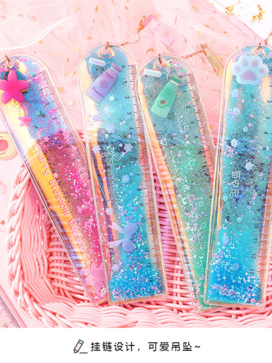 2 sets of quicksand ruler cute creative girl ruler set net red cherry blossom into the oil ruler girl heart soft ruler
