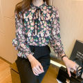 Yfashion Women Floral Printing Shirt Chiffon Long Sleeves Tops Bowknot Stand Collar Ruffle Blouse color. 