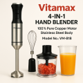 Vitamax 4 in 1 Hand Blender Machine 1000W Powerful Motor 12-Speed Immersion Blender with Egg Beater Milk Frother, Chopper juicermachine 100% Copper Motor | 4 Blades | Chopper + Whisk + Measuring Cup | Hand Mixer for Kitchen Use – Model VM-818. 