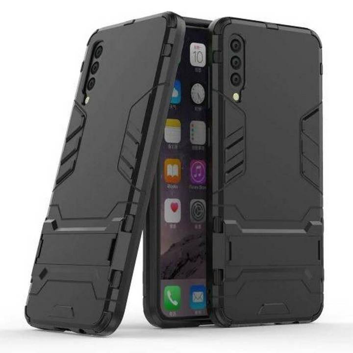 Samsung Galaxy A50  Mobile Phone Back Cover Shockproof Rugged Armor Hard Hybird Silicone Phone Stand Case - Black