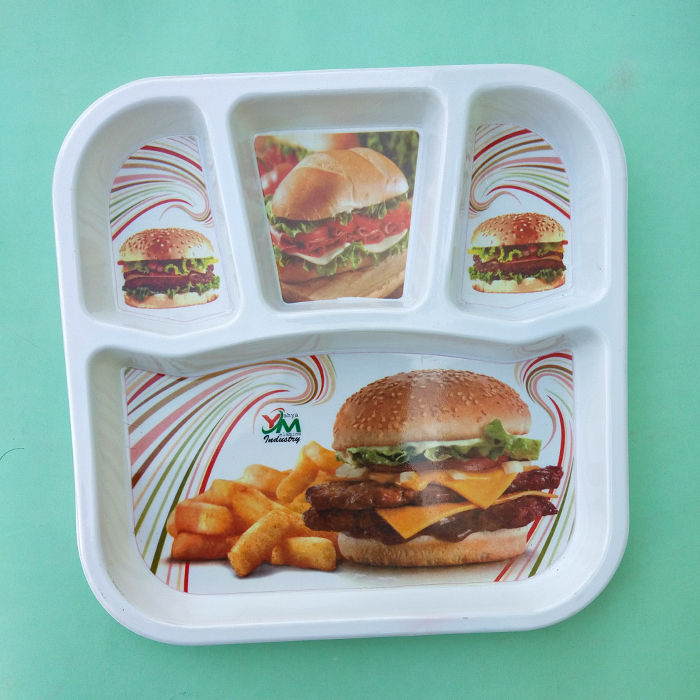 Pack Of 1 & 2 Divided Food Surving Melamine Tray With Beautiful Design Prints - Size 10 x 10 Inches
