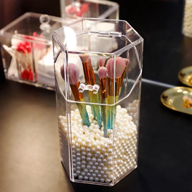 Acrylic Makeup Brush Holder With Pearls, Cosmetic Brush Case With Dustproof Lid, Countertop Brushes Holder