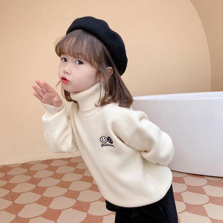 Kids' Sweater Girls' Western Style2021New Bottoming Velvet Thickened Autumn and Winter Turtleneck Girls Older Children Knitted Sweater