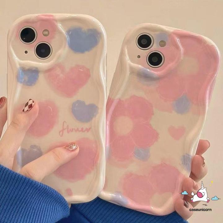 For Oppo A76 A12 A31 A3s A5 A15 A96 A17 A95 A54 A74 A1K A57 A16 A7 A9 A77S A5s A17K A77 A55 A16s A53 2020 A52 A15s Ins Ink Oil Painting Love Heart Wavy Curved Edge Glossy Case