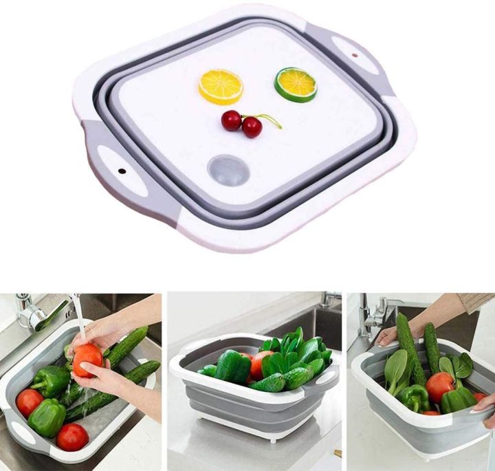 Multifunction Chopping Boards, Collapsible Dish Tub Portable Washing Basin Bowl Draining Basket Space Saving Hamper Foldable Storage Container for Kitchen and Camping