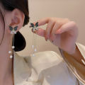 Black Butterfly Korean Temperament Aura Women's Long Tassel Drop Earrings Female Versatile Pearl Earrings for Girls. 