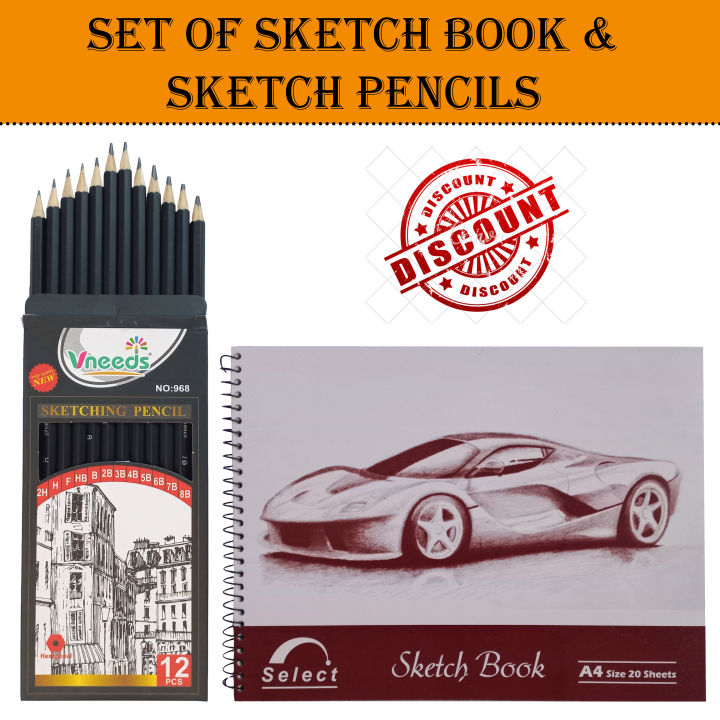 Set of Sketch Book & Sketch Pencils (20 A4 Sheets and 12 Pencils)