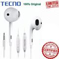 Tecno Original Handsfree White Wired Earphones for Gaming and Calling Universal Compatibility. 