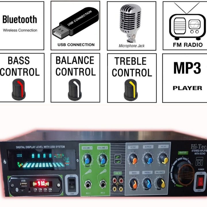 Powerful Bluetooth Stereo Amplifier with Digital Echo Light Effect and Dual Mic Support for 8 to 12 Inch Speakers