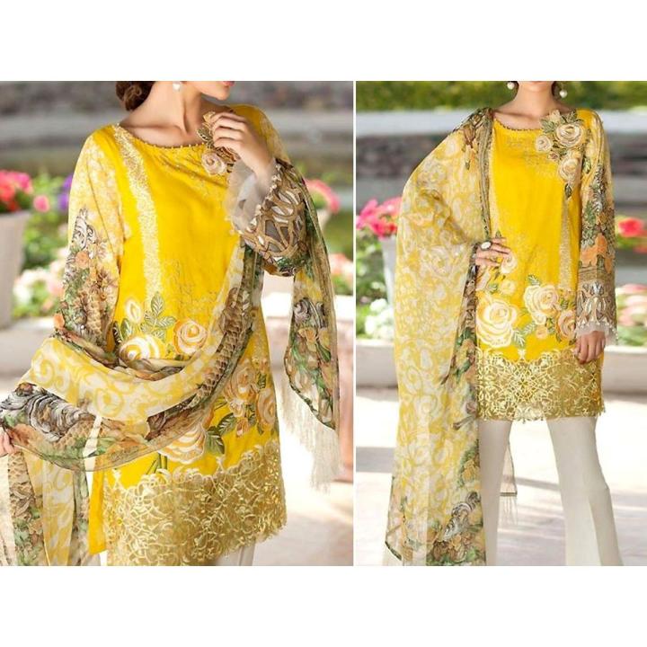 Elegant Embroidered Yellow Lawn Dress with Chiffon Dupatta