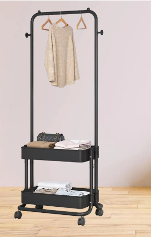 Clothing Rack with Wheels, Clothes Organizer with 2 Tier Baskets Rolling Clothes Rack Garment Rack for Living Room Bedroom Entryway