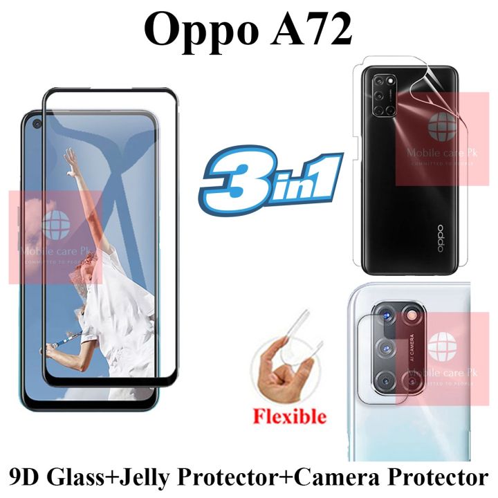 Oppo A72 Full Black 9D|5D|6D|10D|11D|21D Tempered Glass Screen Protector Full Glue  + Back Camera 9H Gorilla Flexible Protector + Back Jelly Protector Clear Soft Protection Film Transparent Hydrogel Film Protector For Oppo A72