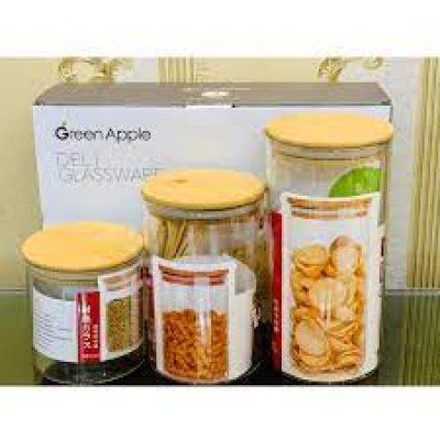 Pack of 3 Large, Medium and Small Square/Round Wooden Lid, Borosilicate Glass Jar Food Storage Containers Set, Airtight Food Jars with Kitchen Canisters for Sugar, Candy, Cookie, Rice and Spice Jars.