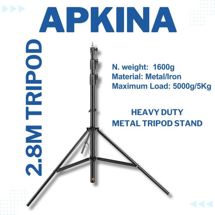 APKINA 9.2ft/2.8m Light Stand, Heavy Duty All Metal Tripod Stand, 3 Way Mounting Interface & Metal Locking Knobs, Max Load 11lb/5kg