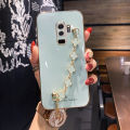 For Samsung Galaxy S9 Plus Back Cover with Bracelet Wristband Luxury Clover Chain 6D Plating Frame Shiny Girls Cases Soft Silicone Square Protective Mobile Phone Case. 