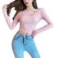 Women Oblique Shoulder Long Sleeve Cut Out Embroidered Buckle Long Sleeve Basic Undershirts Slim Bodycon Shirt Tops. 