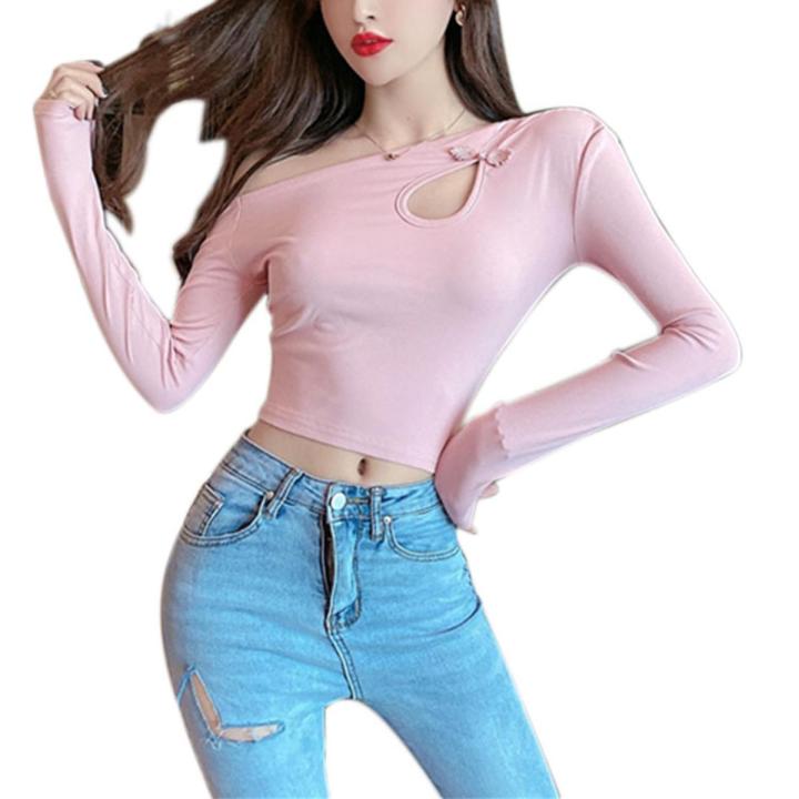 Women Oblique Shoulder Long Sleeve Cut Out Embroidered Buckle Long Sleeve Basic Undershirts Slim Bodycon Shirt Tops