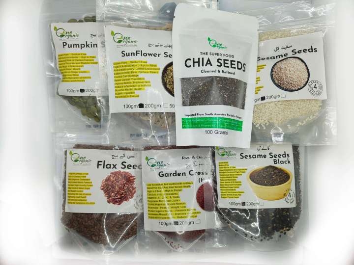 Healthy 7 Seeds Bundle Pack . 100Grams each  Chia Seeds , Halim Seeds,  Flax Sesame Seeds , Sunflower Seeds, Pumpkin Seeds , Sesame Seed