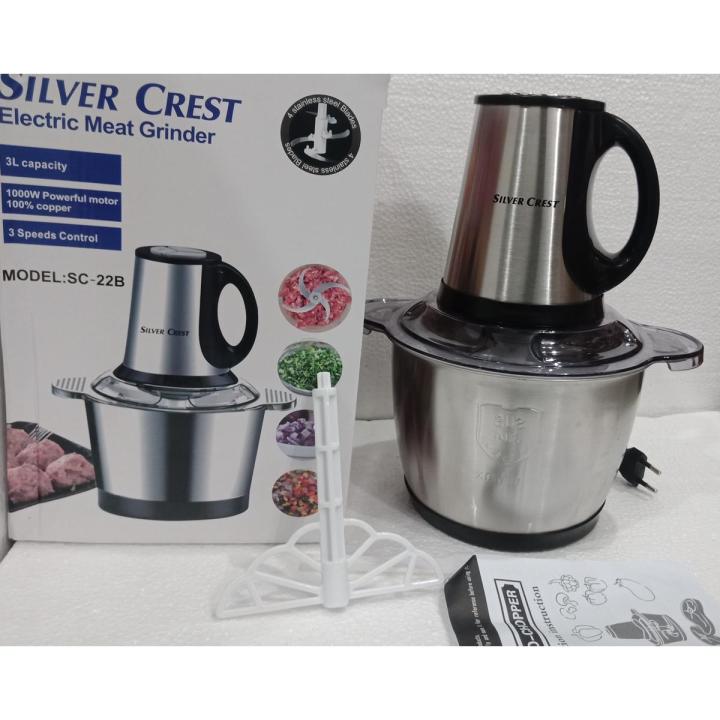 Meat Chopper Grinder Electric Silver Crest - SUS 304 stainless steel Bowel Capacity 3L, 1000W Powerful Pure Copper Motor -