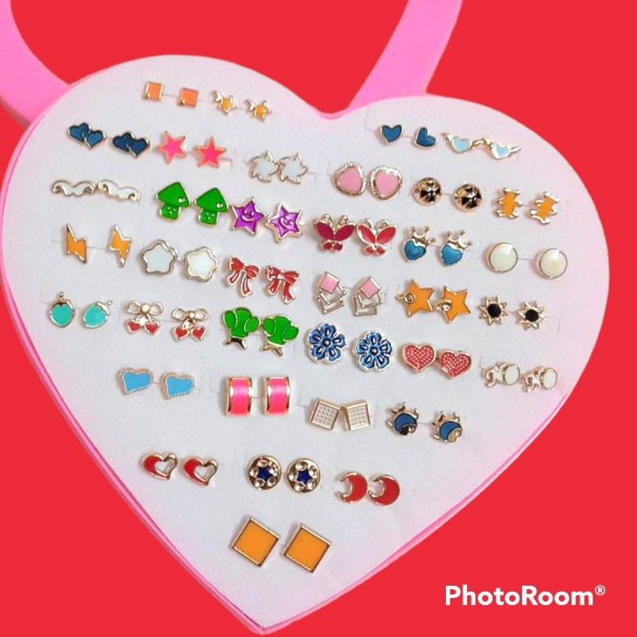 72/Pieces which is 36/Pairs of Studs, Random Earrings, Cartoon heart shape packing Hypoallergenic Plastic and metal Stud Earrings Set for Women Girls
