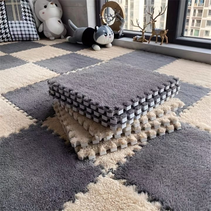 12pcs, Thickened Bedroom Living Room Full Coverage Carpet, Room Bedside Mat, Warm Interlocking Floor Rug, Machine Washable Soft Non-Slip, 29.97x29.97cm, Polyester & EVA Material, Hand Wash Only, Square Shape, for Indoor Use