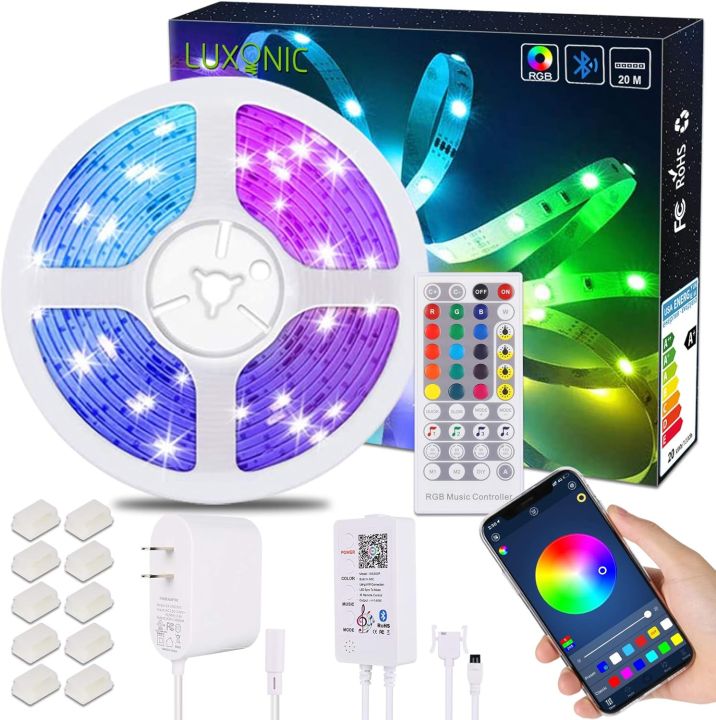 20M/65ft Bluetooth LED Strip Light, LUXONIC Smart RGB LED Light Strip with Bluetooth APP Control, Music Sync Flexible RGB Colour Changing LED Light with 40-Key IR Remote for Home Decoration