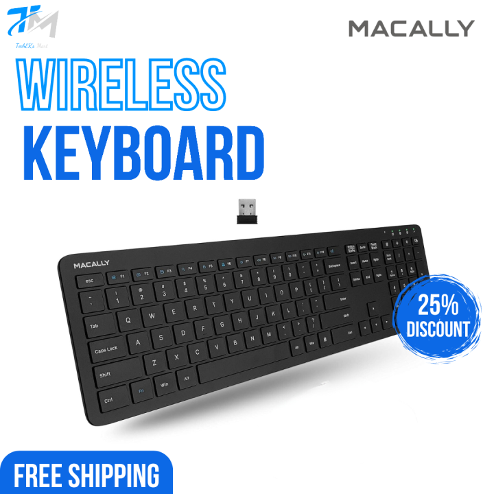 Macally Black Wireless Keyboard- Computer USB 2.4G Ergonomic Keyboard- works in Laptop, Chromebook, Pc