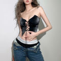 Women Summer Tube Tops, Solid Color Off Shoulder Tight Crop Tops with Cross Straps for Ladies, Black. 