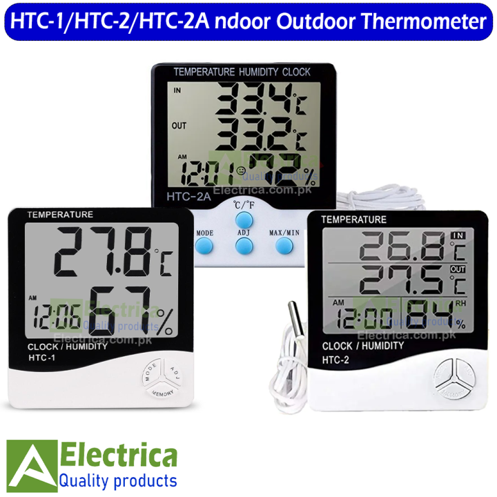 Digital HTC-1 HTC-2 HTC-2A LCD Indoor Outdoor Thermometer Hygrometer Temperature Humidity Meter  Thermometer Tester With Clock HTC-1/2/2A by Electrica