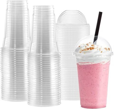 Transparent Cups With Dome Lids – 16oz Clear Plastic Cups Milkshake Cups With Dome Lids with Tight Lid Grip PET Crystal Clear BPA Free Smoothie Cups