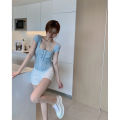 Yfashion Women Short-sleeved Shirts U-shaped Neck Slim Fitted Cropped Tops Pullover Casual Bottoming Shirt color. 
