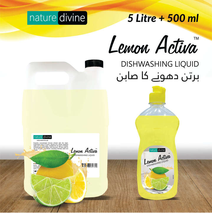 Nature Divine - Lemon Activa Dishwashing Liquid, Kitchen Cleaner and Dish Wash Refill Pack 5 Litre with 500 ml Refillable Dispenser Bottle