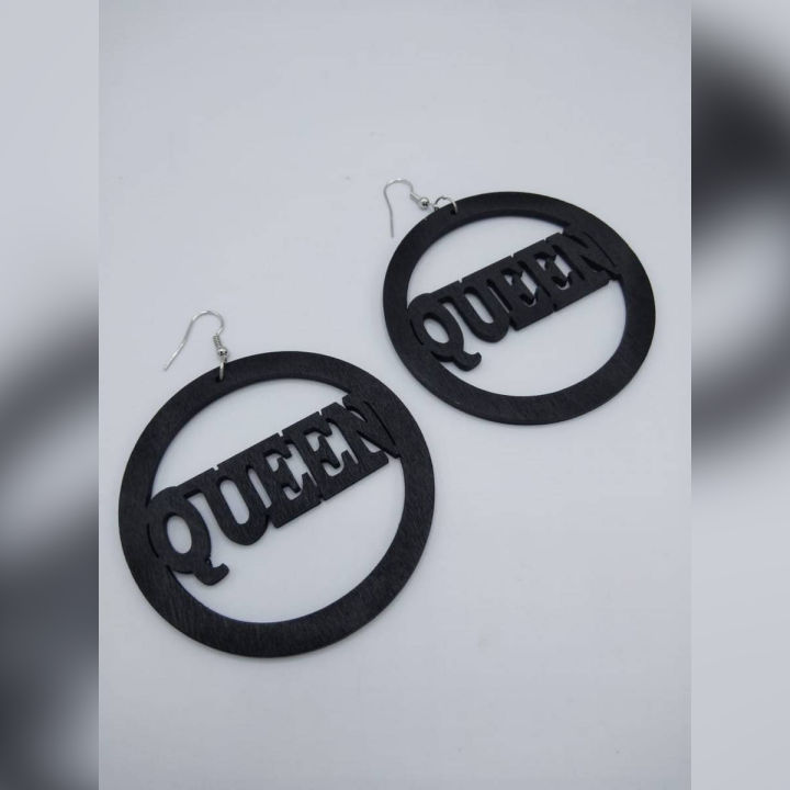 Cute Round Black QUEEN Wooden Earrings For Girls/Womens