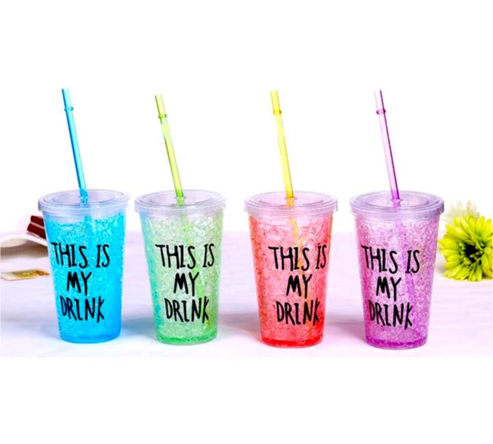 Glass Water Bottle 1pc Plastic Gel Frosty + Straw - 450ml  Double Wall