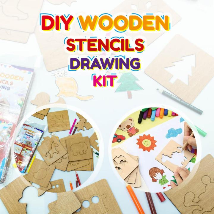 Kids Montessori Wooden Drawing Stencils Kit Drawing Board Toys Coloring ...