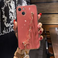 COROGI for iPhone 14 Plus Back Cover with Bracelet Wristband Luxury 6D Plating Frame Shiny Clover Chain Cases Soft Silicone Square Mobile Phone Case for Girls Boy. 