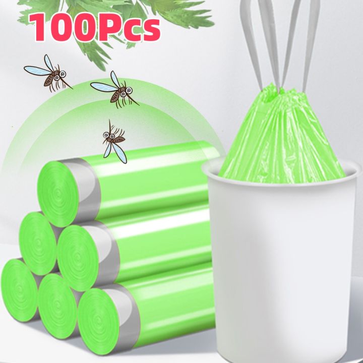 100Pcs Mugwort Anti-Mosquito Trash Bag Large Thickened Household Kitchen Garbage Bag Portable Portable Drawstring Garbage Bag