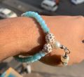 Hand-Made Elastic Bracelate Light-Blue Color Beads and Off-White Pearl Beads -Tasbih 33Beads 6mm Tasbeeh/Bracelate, Crysta Beads Tasbih.. 