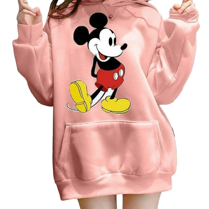 Pink Mickey Mouse Printed Fleece Full Sleeves Pull Over Hoodie For Women - Stay Cozy And Cute With Mickey Mouse Print