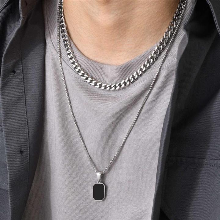 Double Layer Necklaces for Men Geometric Square Pendant Wheat Box Cuban Chain Cool Boy Collar Necklace