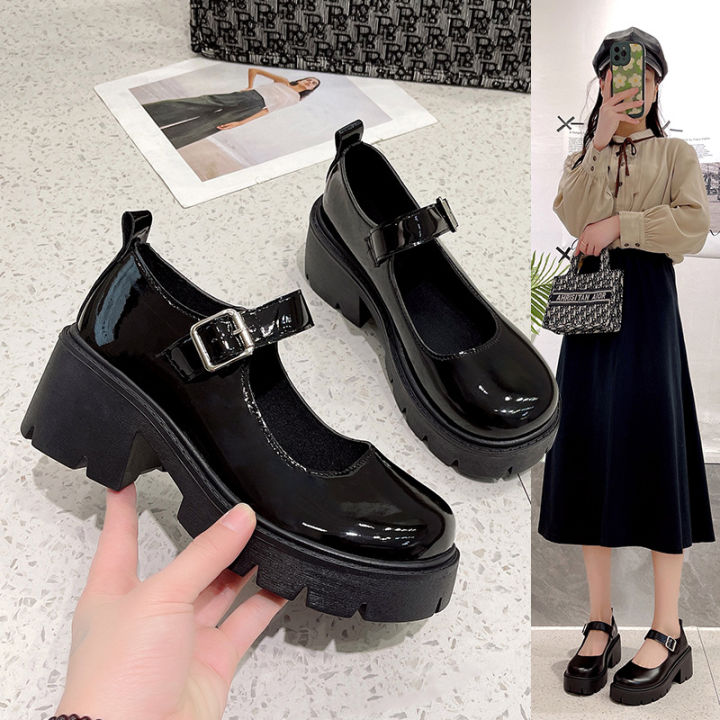 Korean Small Leather Shoes Women's Korean-Style Daily Big round Toe jk Uniform ins Black Retro lo Thick Bottom Mary Jane Shoes